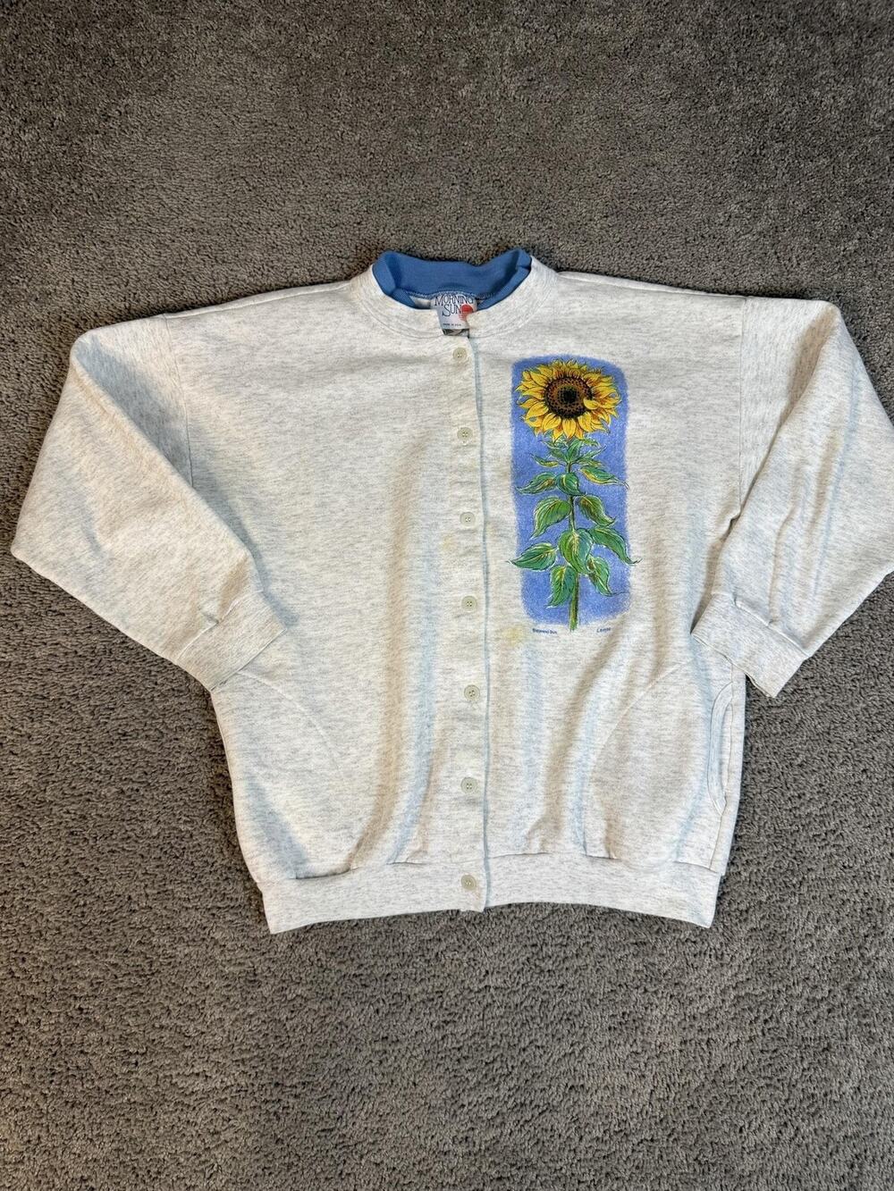 Vintage Morning Sun Cardigan Womens L Gray Floral Sunflower Button Front Fleece